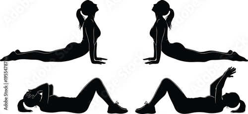 Yoga and fitness silhouette illustration, upward facing dog pose, crunch exercise artwork, black and white vector template set