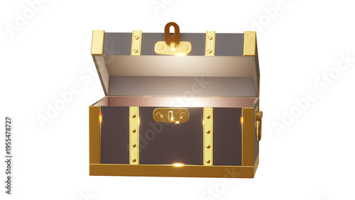 open wooden treasure chest box front view 3D rendering