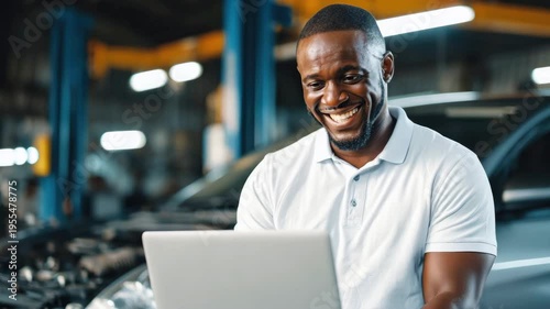 A smiling African American man uses a laptop at work in a modern auto repair shop. The worker is wearing a polo shirt. Sales manager, consultant