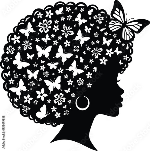 Silhouette of an African American woman with afro hair decorated with butterflies and flowers, elegant female profile isolated on white