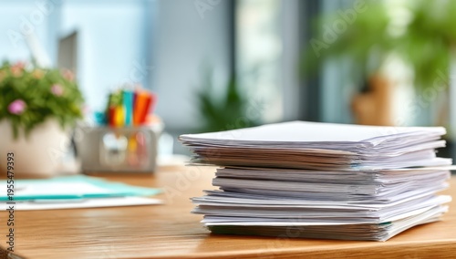 Stack of papers on a wooden desk in office.