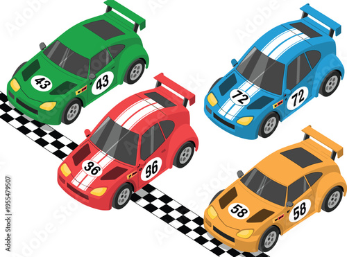 Colorful cartoon racing cars set with checkered flag track, vector illustration of sporty vehicles in vibrant competition scene
