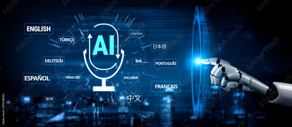 Fototapeta premium Advanced AI Technology Interface with Multilingual Capabilities and Robotic Hand Touching Virtual Control in a Futuristic Setting Quark.