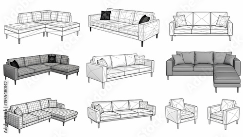 Modern Sofa Design Set – AutoCAD Vector Illustrations, Contemporary Sofa Layouts on White Background