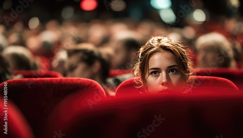 Intense gaze in a crowded theater, woman watching intently.