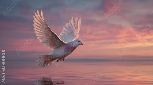 Graceful white dove flying over a tranquil sea with a vibrant pink and orange sunset sky.