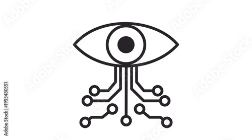 Artificial intelligence eye icon with digital circuit board lines. AI vision and machine learning concept. Neural network eye vector illustration in black line art style.