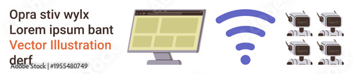Remote work, automation, digital communication, networking, robotics, web browsing. A computer screen, wireless icon and robotic figures. Digital communication and automation concept