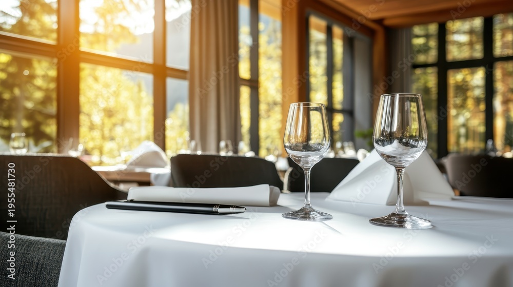Obraz premium A beautifully set table in a modern restaurant captures reflections of sunlight through the windows, creating an inviting atmosphere for diners and enhancing the overall dining experience.