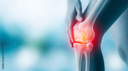 Human knee joint experiencing severe pain, anatomical visualization of injury and inflammation, a person touching the hurting limb