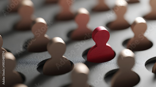 Red human shape stands out among brown figures on a textured surface, illustrating individuality, leadership, and distinction in a crowd