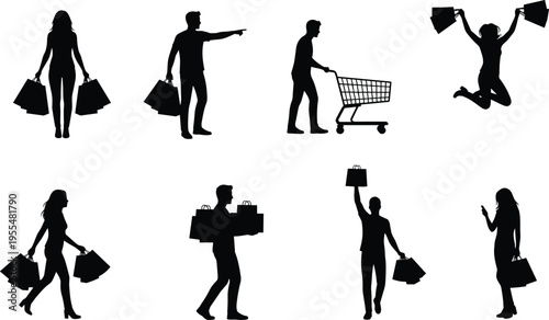 Collection of black silhouettes featuring people shopping with bags and carts, men and women carrying purchases isolated on white background