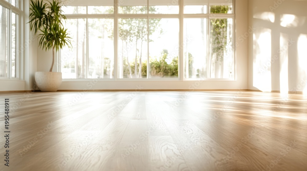 Fototapeta premium A bright sunlit room showcasing warm wooden flooring and large windows that bring in plenty of natural light, creating a serene atmosphere with indoor plants.