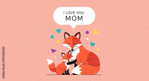 Cute Mother's Day Illustration with Fox and Cub Hugging, I Love You Mom Message, Flat Vector Graphic on Peach Background for Greeting Cards and Posters