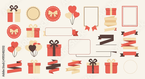 Set of flat celebration design elements with gift boxes, ribbons, balloons, and badges for holiday greetings and party invitations