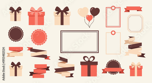 Elegant Gift Box and Ribbon Illustration Set with Labels, Tags, Banners, and Heart Balloons for Anniversary, Birthday, Valentine's Day, and Retail Branding Design