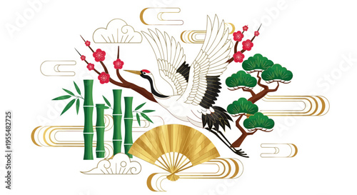 Traditional Japanese Illustration with Red-Crowned Crane, Gold Folding Fan, Bamboo, Pine Tree, and Plum Blossoms - Symbols of Longevity and Good Fortune