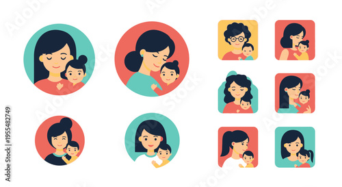 Flat Vector Avatars of Mothers and Babies - Set of 10 Minimalist Icons for Parenthood, Motherhood, and Family Concepts