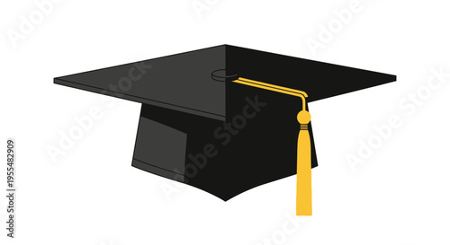 Black Graduation Cap with Gold Tassel Isolated on White - Academic Mortarboard Vector Illustration for University, College, and High School Graduation Ceremonies