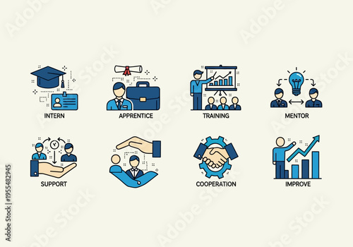 Professional Mentorship and Internship Icon Set for Business Training, Career Growth, and Corporate Coaching