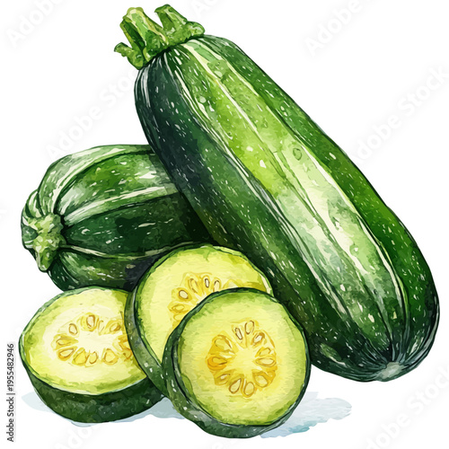 watercolor graphic of Zucchini illustration, isolated on a white background.