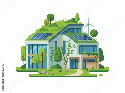 A modern eco-friendly house with solar panels on the green roof and lush vegetation surrounding it in a serene landscape.