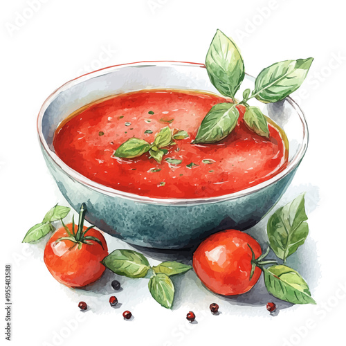 watercolor graphic of Tomato Soup illustration, isolated on a white background.