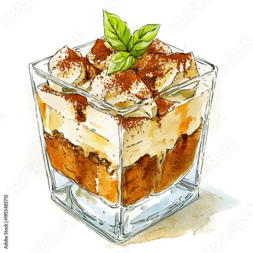 watercolor graphic of Tiramisu illustration, isolated on a white background.
