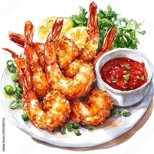 Tempura, detailed watercolor painting, isolated on a white background.