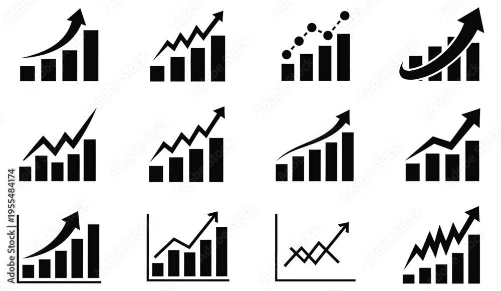 Fototapeta premium Collection of black and white graph icons with arrows