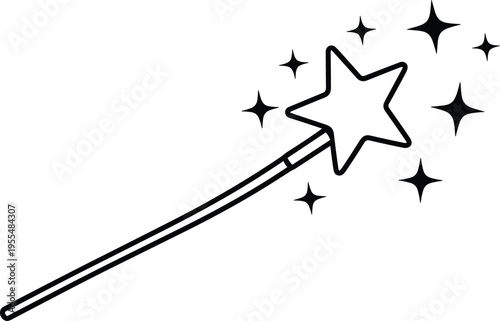 Magic wand silhouette illustration, fantasy artwork, enchantment design concept, black and white vector template, sparkle decorative graphic collection set