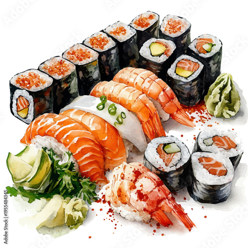 Sushi, high quality watercolor, isolated on a white background, vibrant details.