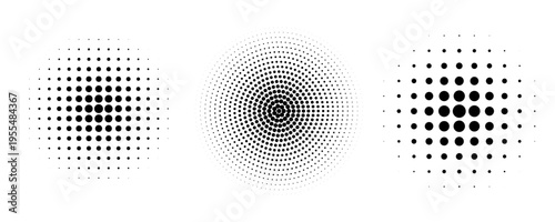 Set of dotted curved abstract shapes. Dotted pattern in halftone theme. Curved and twisted abstract gradients. Vector design element in black and white color.