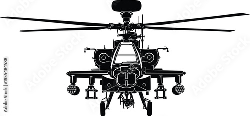 Military attack helicopter silhouette illustration, combat aircraft artwork, defense technology design concept, black and white vector template collection set