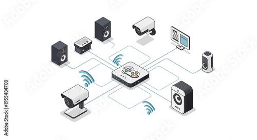 Isometric smart home technology concept with central hub connecting security cameras speakers and monitor