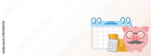 Retirement planning and saving money concept with piggy bank, calendar and calculator and copy space