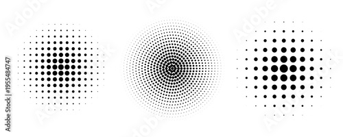 Set of dotted curved abstract shapes. Dotted pattern in halftone theme. Curved and twisted abstract gradients. Vector design element in black and white color.