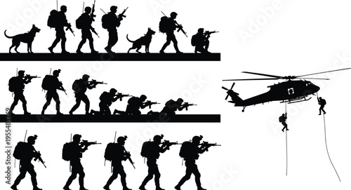 Military soldiers silhouette mega set with helicopter rappelling army dogs and infantry squad isolated on white background combat vector illustration.