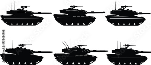 Military tank silhouettes set isolated on white background, heavy armored vehicle icons, war machinery collection, combat weapon vector illustrations for design.