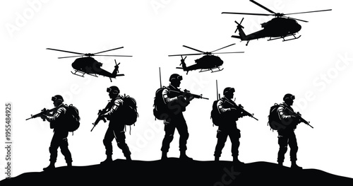 Military soldiers silhouette set with helicopters isolated on white background, army infantry forces, war machinery and combat weapon vector illustrations.