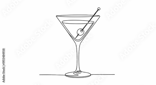 Cocktail martini glass with an olive garnish on a stick simple line drawing empty background