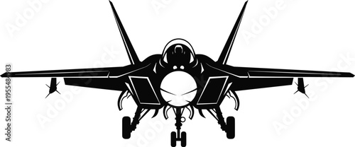 Modern fighter jet front view silhouette illustration, military aircraft artwork, defense aviation design concept, black and white vector template set