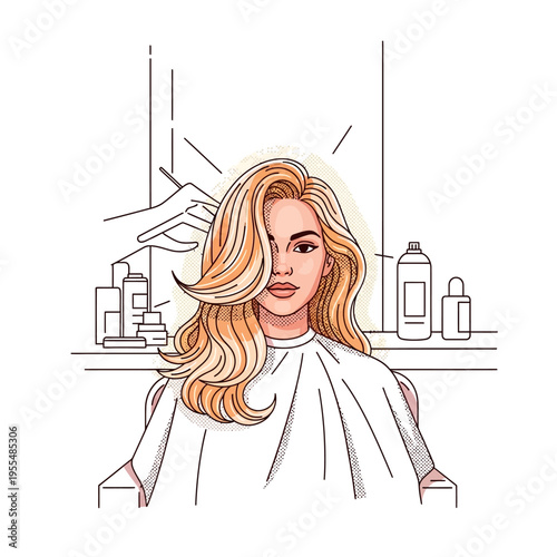 A detailed illustration of a blonde woman getting her hair styled at a salon, with a hairdresser's hand holding scissors.