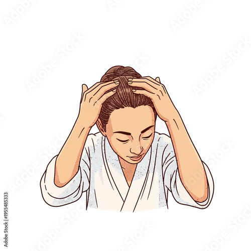 A person with brown hair in a white robe gently massaging their scalp with both hands, eyes closed in relaxation.