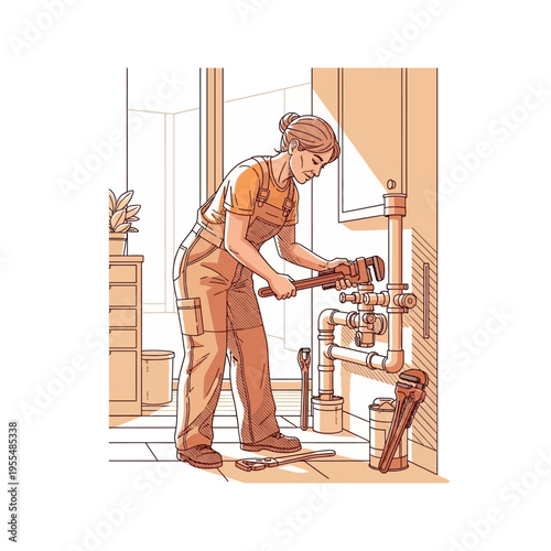 A woman plumber in overalls working on pipes with wrenches, performing maintenance or repair work.