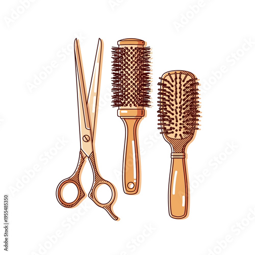 A set of professional hair styling tools including scissors, a round brush, and a paddle brush, isolated on a white background.