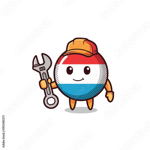 A cute cartoon character representing the Luxembourg flag, wearing a cap and holding a wrench, symbolizing a mechanic or worker.