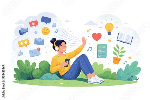 A vector of a woman sitting in a park, listening to music via smartphone while checking social media and other apps, showing a peaceful, relaxed moment with digital connectivity.