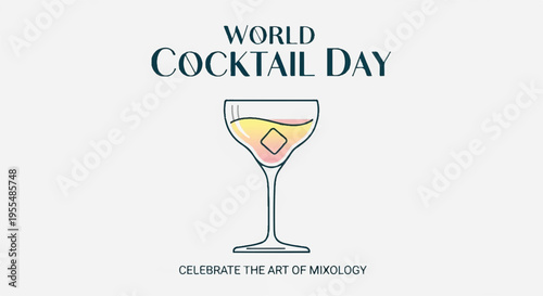 Cocktail glass with yellow drink and ice cube on world cocktail day celebration background