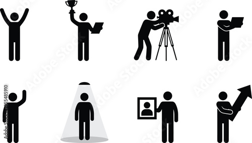 Stick figure success achievement icons, winner trophy celebration, filmmaker camera operator, spotlight fame, portrait frame, growth arrow businessman vector set